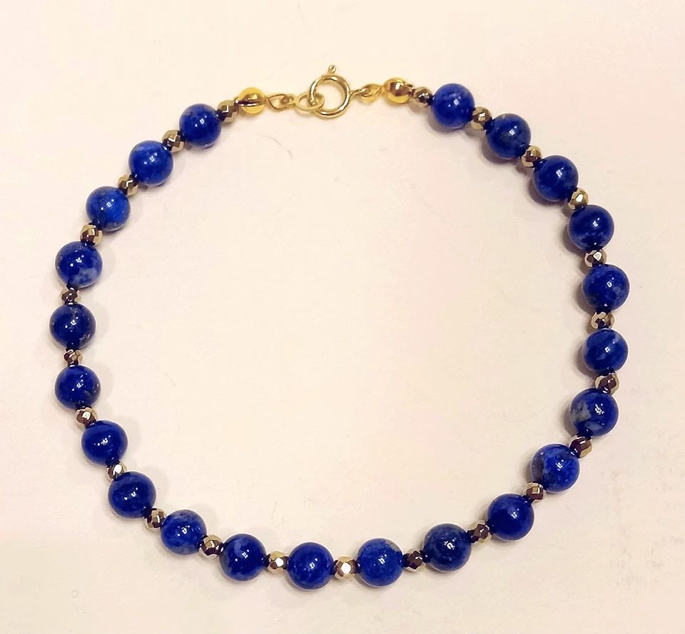 Brazalete de cuentas de oro facetado y lapislázuli de 6,0 mm. Anillo de resorte ORO 14K. LONGITUD PERSONALIZADA Foto 2 de 4