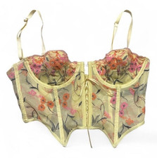Women s S Beige Floral Embroidered Mesh Bustier Underwired Boned Demi