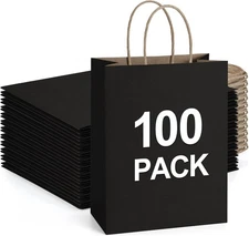 Recyclable Kraft Paper Gift Bag, 8x4.25x10.5 Inches, 100Pcs, Black, with Handles