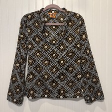 Tory Burch Geometric Print Boho Tunic Blouse Black Gold Long Sleeve Top Size 2