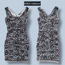 Dolce Gabbana Dress Bodycon Gray Lace Print Floral Draped Vintage Size 40/S
