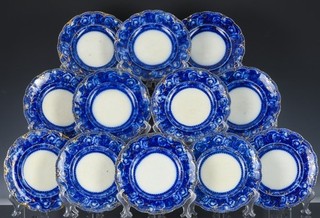 FINE SET OF 12 ANTIQUE RIDGWAY JOSEPHINE PATTERN FLOW BLUE LUNCHEON SALAD PLATES