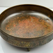Hand Hammered & Carved Vintage Copper & Brass Wide Bowl 3 Claw Feet Heavy Patina