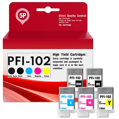 PFI-102 Ink 5-Pack (MBK/BK/C/M/Y) for Canon IPF500 IPF600 IPF750 IPF760