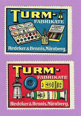 2 Reklamemarken,TURM-Fabrikate, Redeker & Hennis, Nürnberg