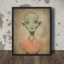 Vintage ALIEN GIRL Wall Art, Retro Sci-Fi Cryptid Lady Poster, Fantasy UFO Decor