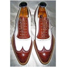 Handmade Goodyear Welted Two Tone Leather Wingtip Brogue Oxford Dress Men Shoes