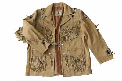 Damen/Herren Fransenjacke Wildlederjacke Westernstyle Farbe beige