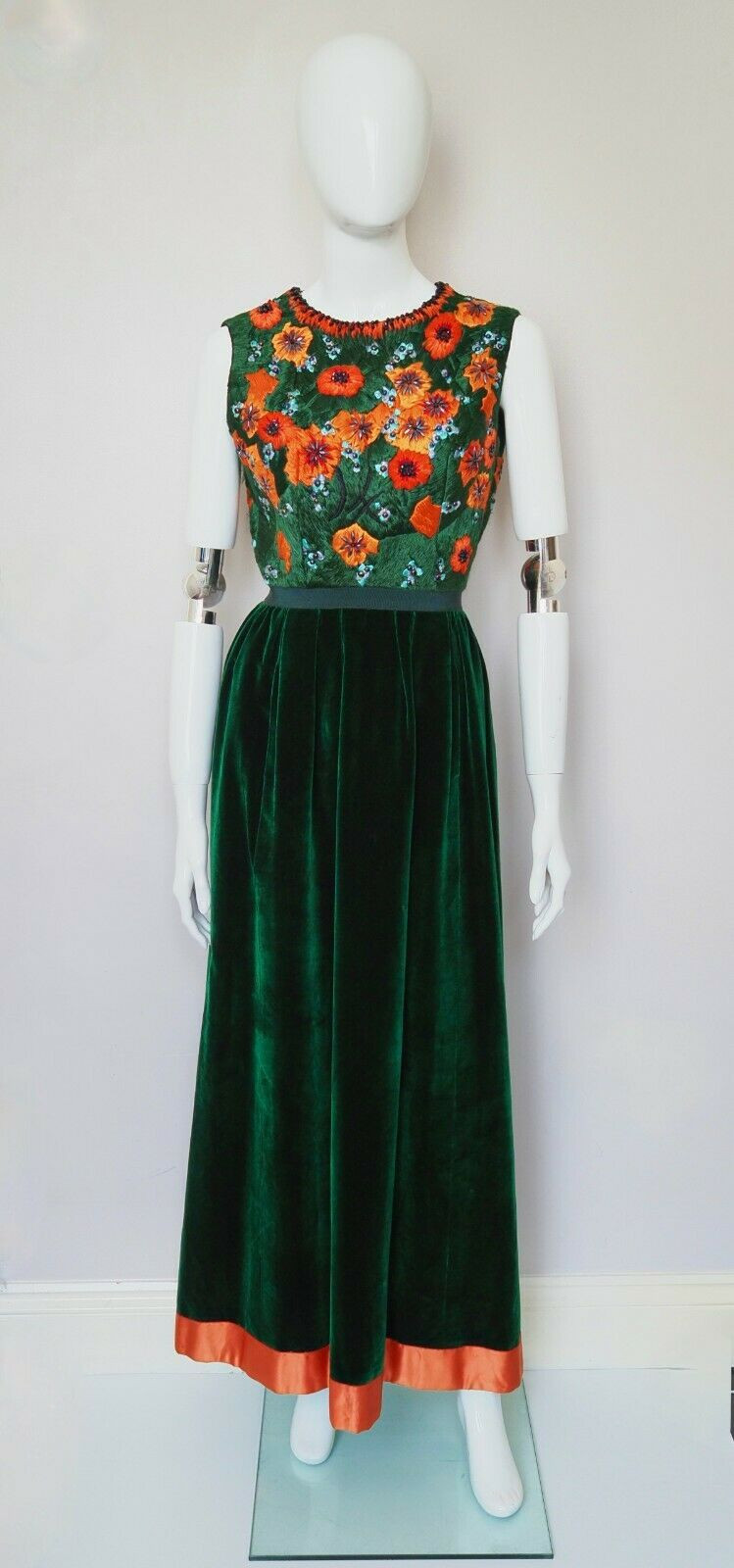 HOBBY Milano stunning vtg dress emerald green velvet orange hand beaded UK8-10 image 2