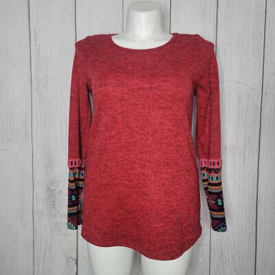 My story Soft Aztec Long Peekaboo Sleeve Red Top 