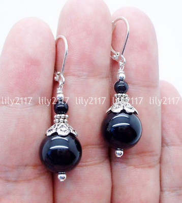 Natural 10mm Black Agate Round Gemstone bead Silver Hook Dangle Earrings Jewelry