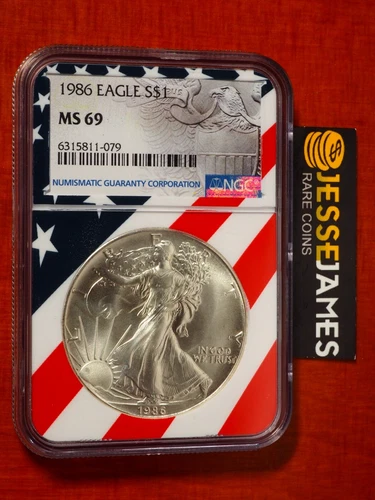 1986 $1 AMERICAN SILVER EAGLE NGC MS69 USA FLAG CORE HOLDER