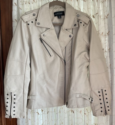 Colleen Lopez IVORY Faux Leather Studded Zipped Motorcycle  Jacket ~ SZ XL NWOT