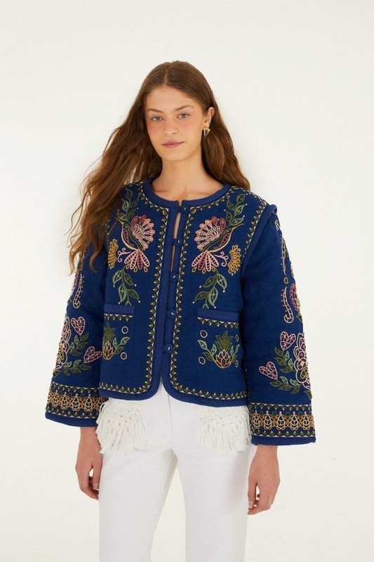 NWT AUTH FARM RIO Dark Blue Embroidered Pockets Richelie Jacket Sz SMALL S