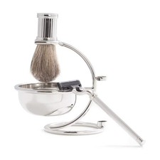 Chrome Razor and Badger Brush Shave Set with Bowl and Stand
