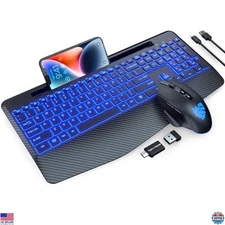 Rechargeable Ergonomic Wireless Keyboard & LED Mouse Combo - Backlit, Silent