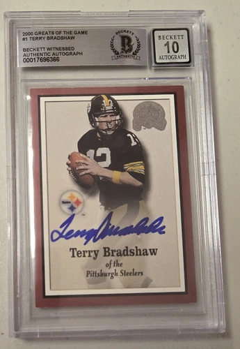 Terry Bradshaw Signed 2000 Greats Game Football Card #1 Steelers Beckett 10 Auto