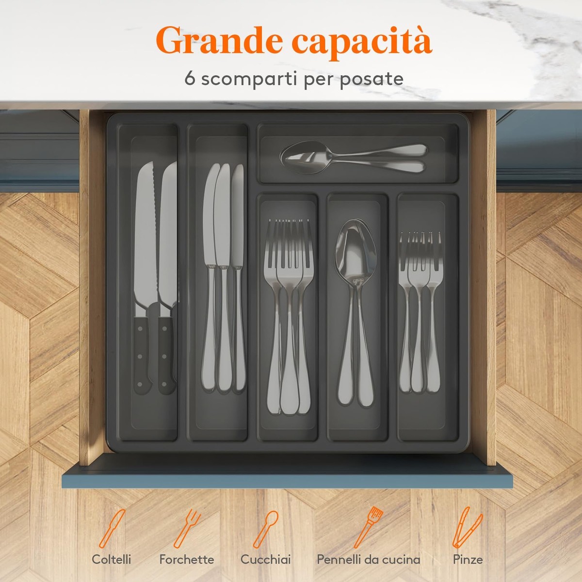 Organizzatore Posate Per Cassetto - Grigio, In Plastica, 5 Scomparti