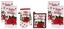 Poinsettia Flower, Berries, Snowflakes with Happy Holidays, 6 Pack Holiday Seaso