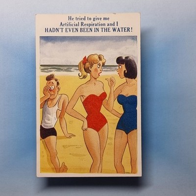 Freche Comic Postkarte 1962 blonde Brüste Bikini künstliche Atmung Rettungsschwimmer