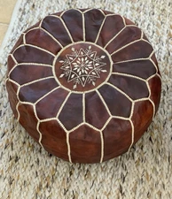 Dark Brown Round Moroccan Boho Faux  or Leather Pouf Ottoman