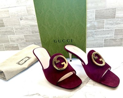 Gucci heels violet suede metallic logo mule open toe stiletto slip on 36.5 6.5B