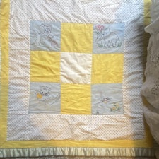Embroidered Animals Theme Crib Quilt Coverlet, Yellow White Blue