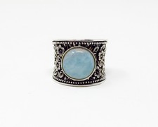 Sterling Silver Blue Larimar Cabochon Floral Wide Band Ring, Size 10