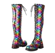 Women's Sequins Side Zip Over The Knee Boots Casual Stage Prom Dress Shoes Size