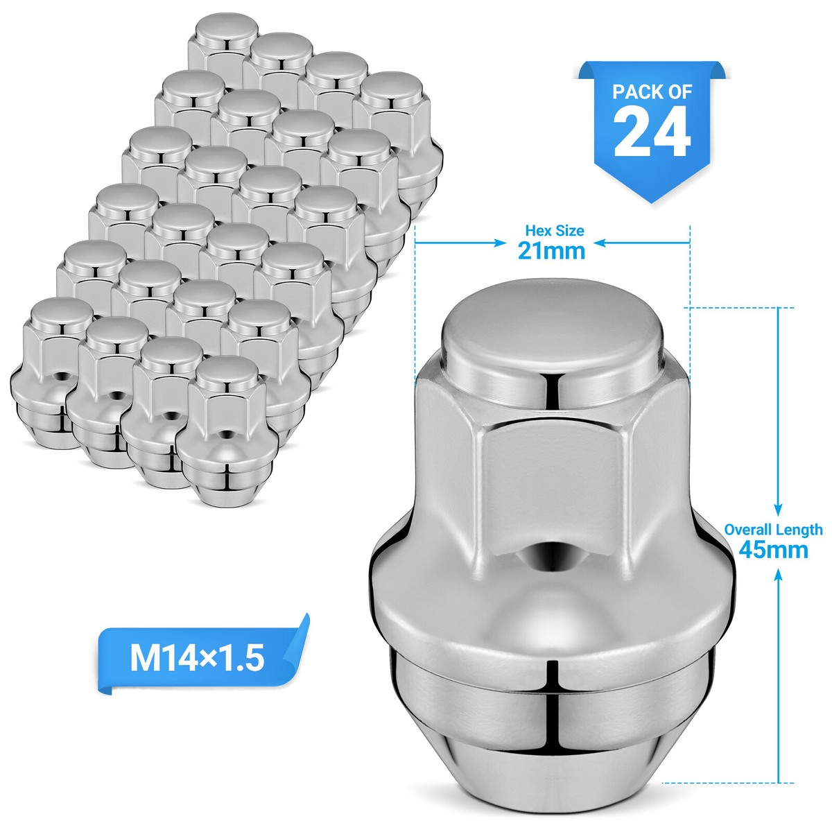 24x M14x1.5 Chrome Factory Lug Nuts for for 15-23 Ford F-150 F150