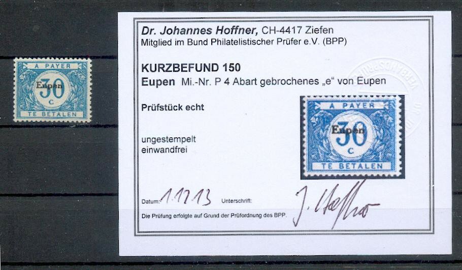 Eupen Porto P4Pf Abart * MH BPP Findings -,-EUR (G4983