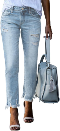 Womens Jeans Mid Waisted Stretchy Ripped Distressed Tummy Control Straight Ankle