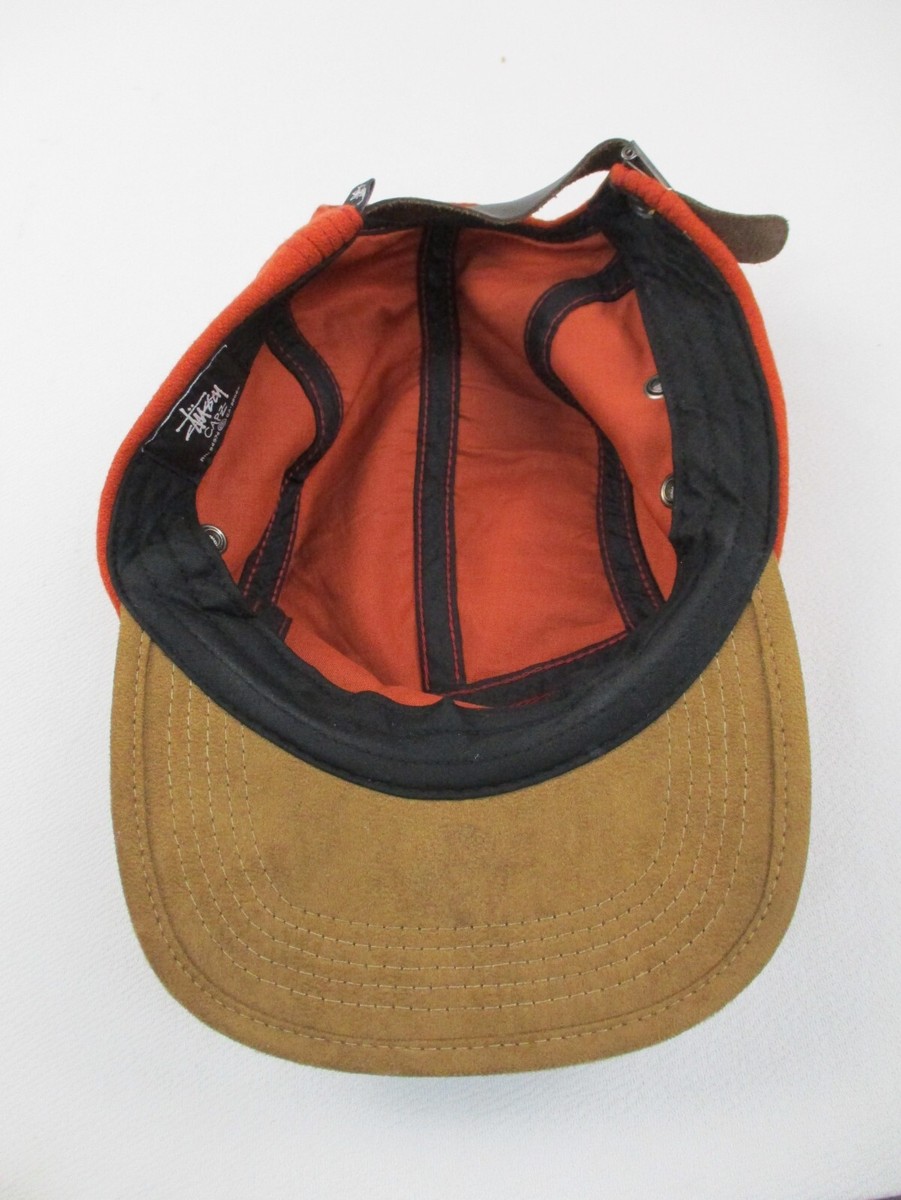 Stussy 5 Panel Hat Orange Wool Leather Logo Hiking Strapback