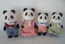 Vintage Panda Bear Family Flocked Figurines Toys Lot of 4 very rare