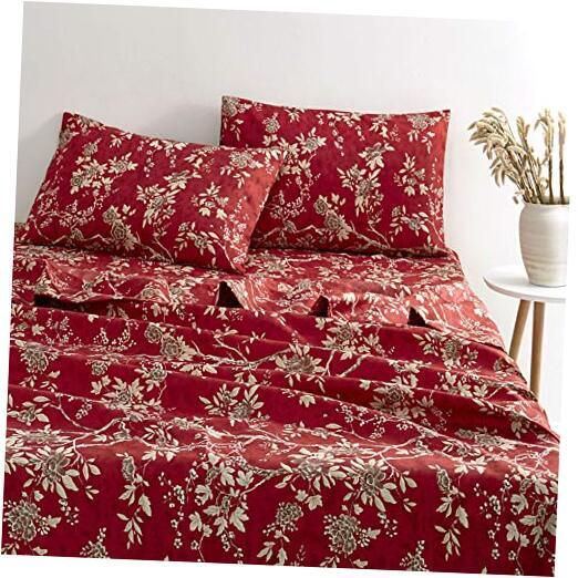 - Floral Bed Sheets, 4-Piece Sheet Set, Vintage Flower Shabby Chic Queen Red-image
