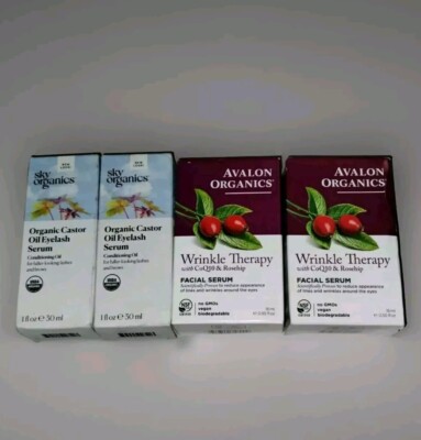 (2) Avalon Organics Wrinkle Therapy Serums & (2) Sky Organics Oil Eyelash Serums