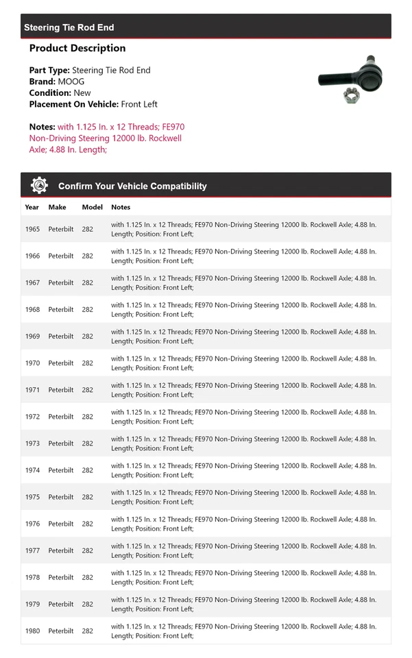 Para Peterbilt 282 1965-1980 Extremo de varilla de dirección delantero izquierdo MOOG 1965 1966 1967 Foto 2 de 4