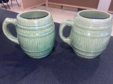 Vintage Set Of 2 McCoy 1920's Green Glaze Stoneware Pottery Barrel Mugs-F