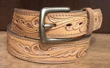 Vintage Chambers Tooled Genuine Leather Belt with Brass Buckle Sz 28 1-1/4  Wide