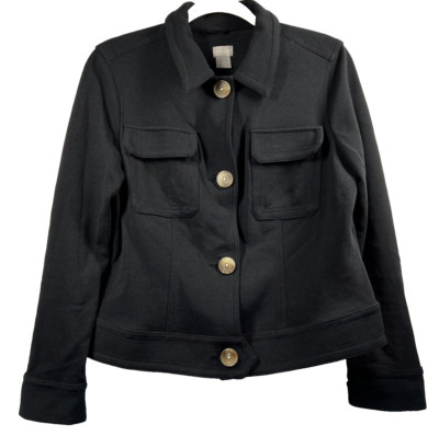 Chicos Women's Jacket Size Medium Short Black Thick Cotton Blend Button Up L/S