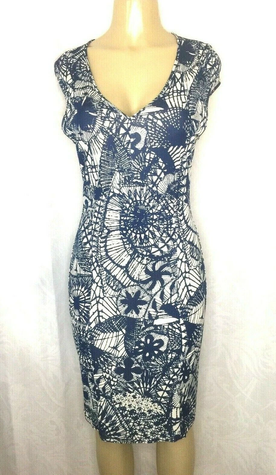 Abito Tory Burch blu Mar Baltico stampa acchiappasogni cappuccio manica scollo V ginocchio S