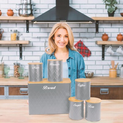 5 Stück Küche Vorratsdosen Kanister Set Bambus Deckel Kaffee Tee Zucker Brot Glas Eimer