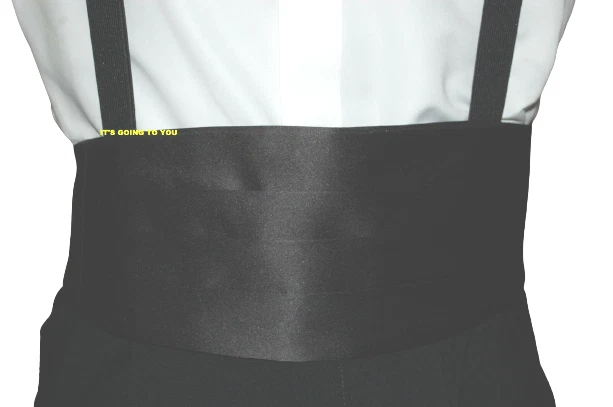 Nueva pajarita negra satinada, faja y clip en tirantes de esmoquin Foto 2 de 4