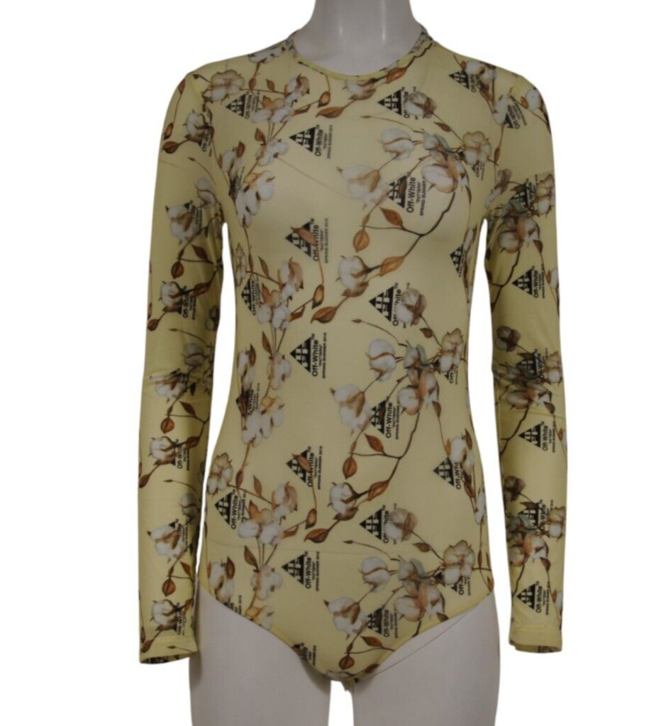 Off White Women Floral Logo Bodysuit Yellow White Brown Stretch Size Medium