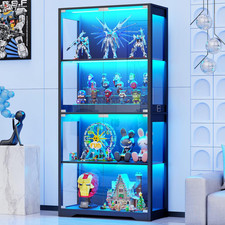 4 Tier Glass Display Cabinet With LED Lights Shelves For Collectibles Home