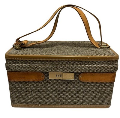 Hartmann Tweed 15  Train Case Vintage Makeup Travel Case Leather Trim Toile Lock