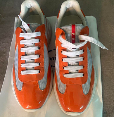 PRADA Men s Orange Gray White Low Top Lace-Up Athletic Sneakers Logo