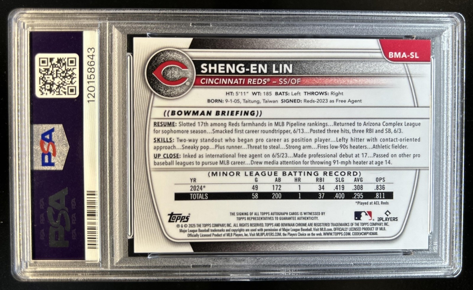 2025 Bowman Sheng-En Lin Chrome Prospect Auto Mega Box Refractor #BMA-SL PSA 9 view 2