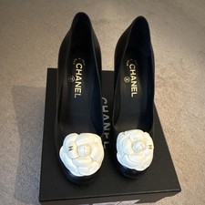 chanel women leather flower stiletto pump black white slip on closed toe size 38