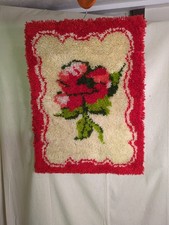 Vintage MCM Hand Made Floral Latch Rose Hook Accent Rug Wall Hanging